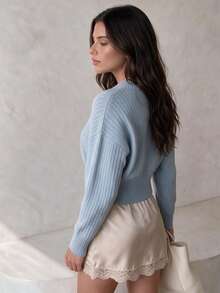 SUNSTORY Women's Autumn Light Blue Deep V-Neck Fitted Short Knit Sweater, Dropped Shoulder Long Sleeve Ribbed Hem, Suitable For Dating, Commuting, Christmas, Daily Outings - Blue - View 4