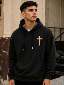 FRACTYR Men's American Style Front & Back Double Print Cross & Bible Verse Loose Fit Hoodie, High Street Style Oversized Drop Shoulder Couple Pullover Sweatshirt - Black - View 3