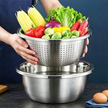 2pcs Stainless Steel Colander Set (Colander + Washing Basin), Large Capacity Stackable Storage, For Washing Vegetables, Fruits, Noodles And Draining Pasta And Beating Eggs, Suitable For Kitchen Food Storage, Cooking, Baking And Cleaning, Kitchen Storage Supplies, Fruit Drainage Basket, Storage Basket, Vegetable Strainer - Multiple Sizes - View 2
