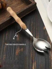 1pc Stainless Steel Salad Mixing Cooking Fish Frog Spoon Commercial Rice Spoon Creative Mini Wooden Handle Serving Fork Spoon - View 3