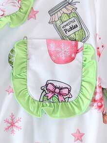 2pcs/Set Christmas Children's Short Sleeve Pajama Set, Flame Retardant Fabric, Cartoon Santa Claus Print Pattern, Green Ruffle Trim Design On Cuffs, Hem And Pockets, Lapel Short Sleeve Cardigan And Long Pants Set, Suitable For All Seasons, Home Wear, Comfortable And Loose, Girls Middle And Big Tween Girl - White - View 5