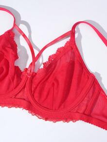 Women's Red Floral Lace Underwire Bra, Sheer Mesh Lingerie, With Shoulder Strap Details, Bright Red Embroidered Lingerie Top - Red - View 9