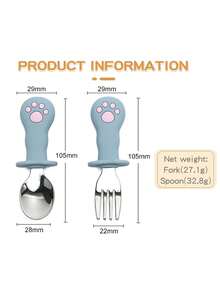 2pcs Custom Name Cat Paw Baby Fork & Spoon Set, Silicone Handle Stainless Steel Toddler Self-Feeding Training Cutlery With Case - Multicolor - View 7