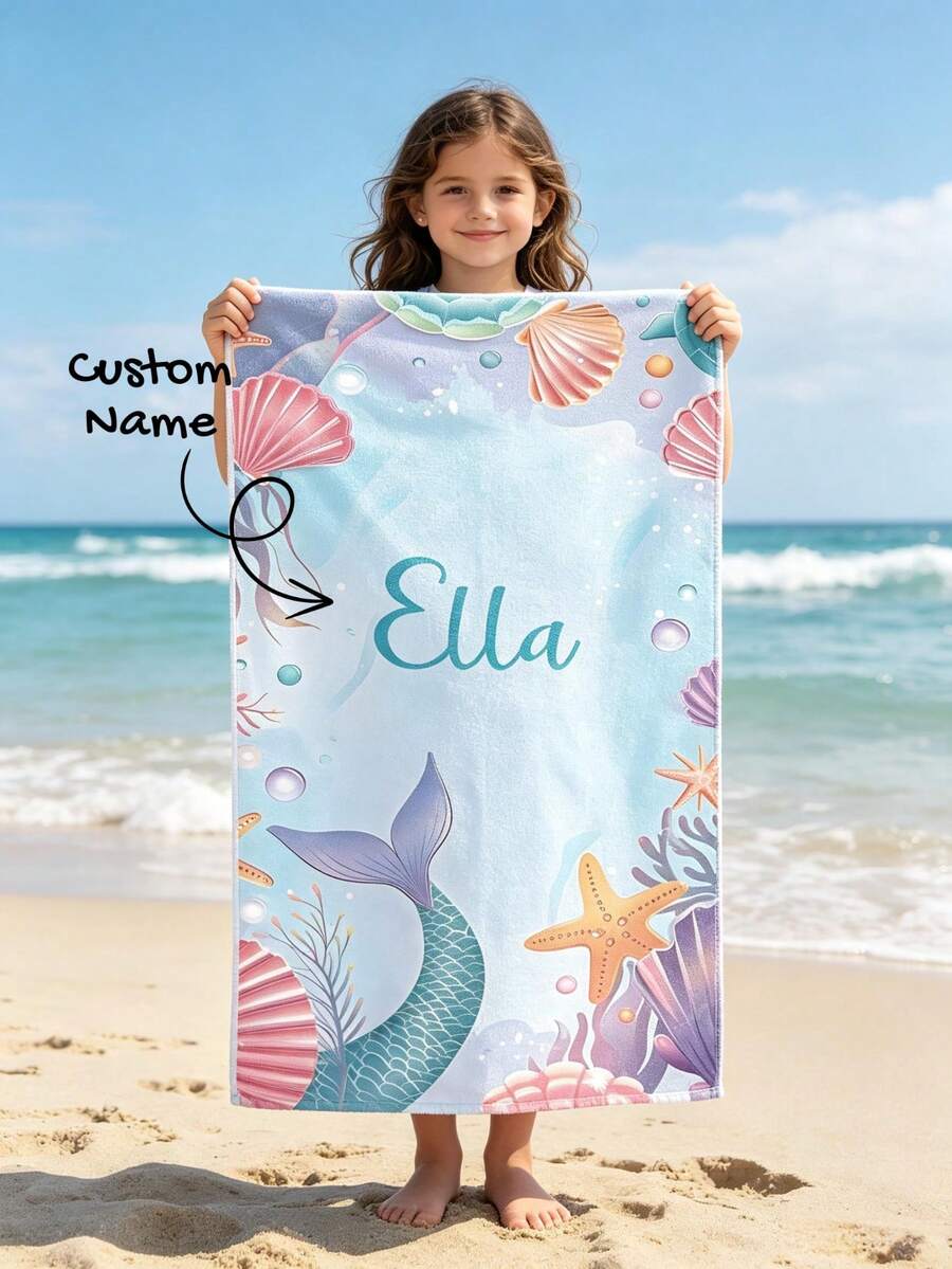 Personalized Name Mermaid Beach Towel For Girls, Soft Microfiber Quick Dry Ocean Shell Starfish Kids Towel For Beach Pool Camping Travel - Multicolor - View 1