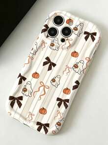 Phone Case - Cute Halloween Ghost Pumpkin Bow Stripe Pattern Shockproof Cream Wavy Edge Phone Case, Compatible With IPhone 11 12 13 14 15 16 17 18 Pro Pro Max - Beige - View 4