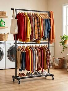 Double-Tier Movable Clothes Rack With Thickened 25mm Tubes For Strong Load-Bearing Capacity, Equipped With Universal Casters, Available In Black And Beige, And A Bottom Storage Shelf For Space Saving - A - View 1