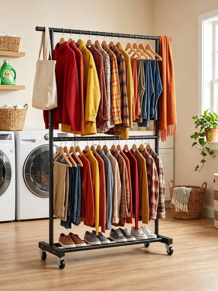 Double-Tier Movable Clothes Rack With Thickened 25mm Tubes For Strong Load-Bearing Capacity, Equipped With Universal Casters, Available In Black And Beige, And A Bottom Storage Shelf For Space Saving - A - View 1