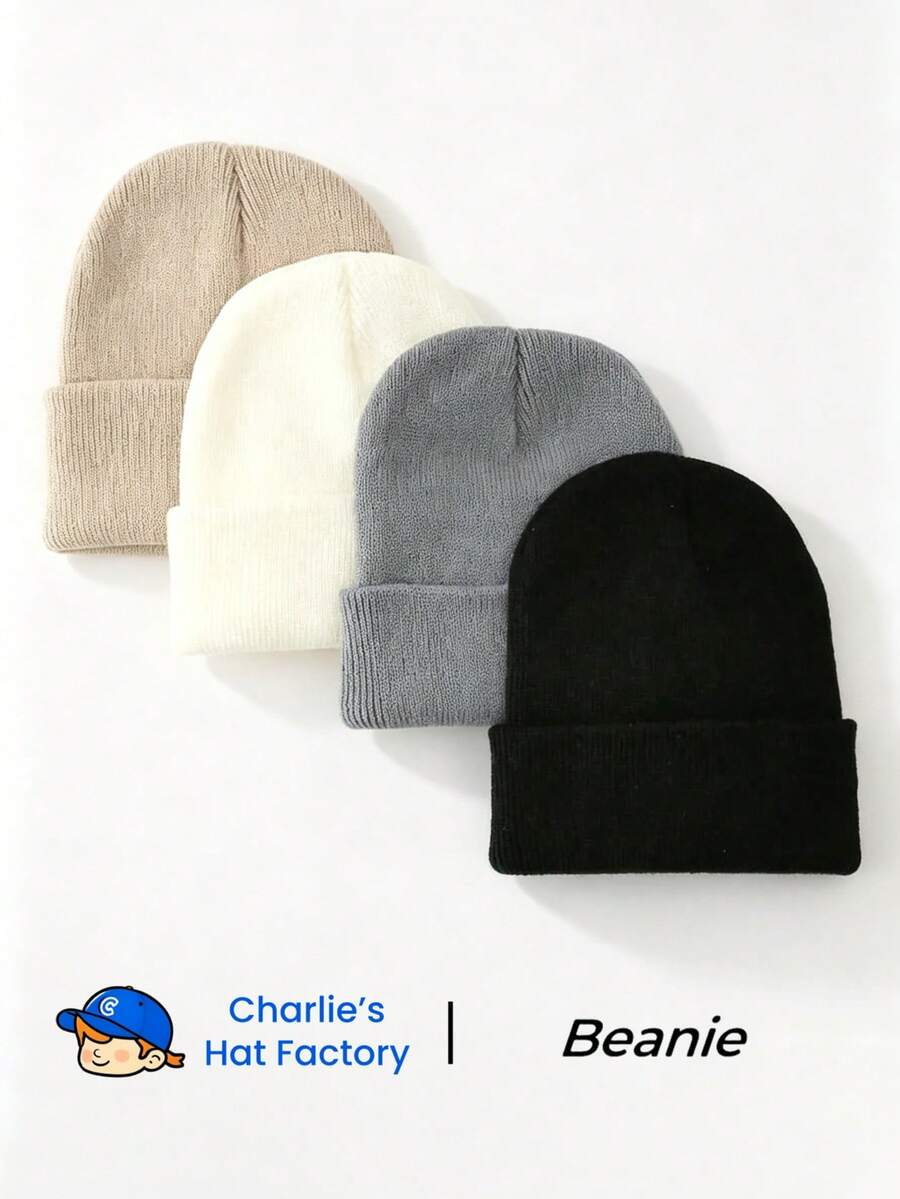 4pcs/Pack Solid Color Minimalist Knit Beanie, Unisex, Suitable For Casual Everyday Wear In Autumn/Winter - Multicolor - View 1