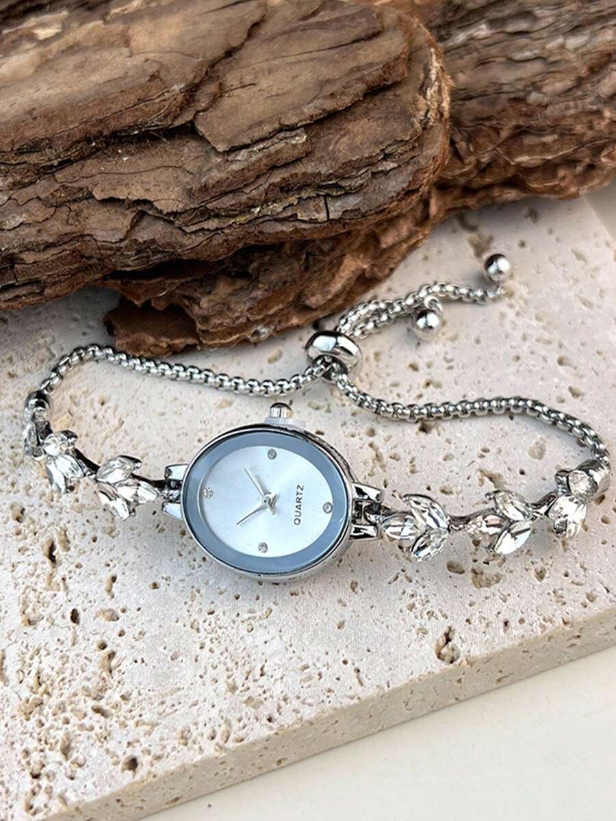 Women's Rhinestone Oval Dial Quartz Watch Adjustable Leaf Slider Bracelet Wristwatch Gift For Her Birthday Christmas - Silver - View 1