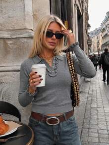 Slouchy Polo Collar Knit Long Sleeve Women's Inner Layer Top, Elegant Commuter Knit Sweater For Autumn/Winter - Grey - View 5