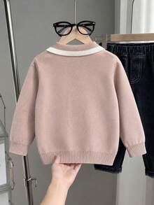 Young Boy Contrast Color Long Sleeve Zip-Up Knit Cardigan Suitable For School Daily Wear Spring Autumn Winter - Apricot - View 3