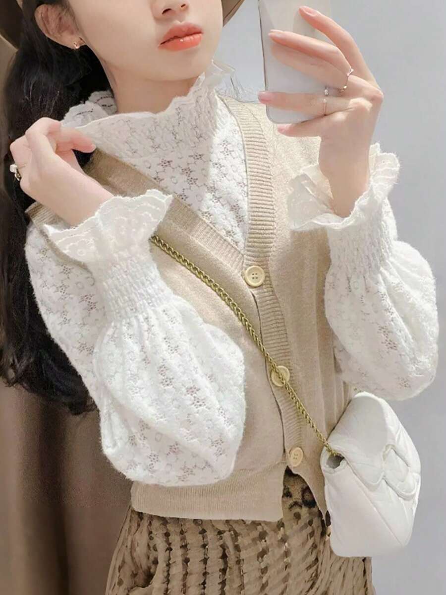 Women's Brushed Lace Base Layer Top, Autumn/Winter Elegant Bell Sleeve Sweater Inner Layer, White High Neck Lace Blouse - White - View 1