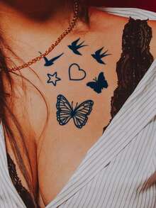Herbal Juice Semi-Permanent Magic Tattoo Sticker, Minimalist Heart Butterfly Star Swallow Pattern, Long-Lasting 14 Days No Fading No Reflection, Temporary Tattoo Sticker For Arm Shoulder Neck Body, 1pc/Pack - Blue - View 5