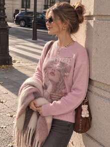 Sweater Kasual Lengan Panjang Leher Bulat Motif Huruf & Karakter untuk Wanita - Berwarna merah muda - View 3
