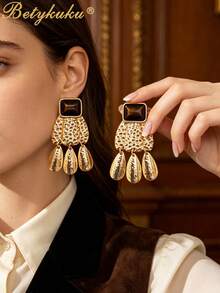 2pcs European & American Old Money Style Round Gold Tiger Eye Aurora Leaf Pendant Earrings For Women & Girls, Daily Casual Party Jewelry Gift - Rectangular - View 6