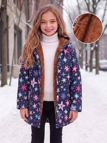 Girls' Casual Fashion Star Print Thermal Lined Hooded Jacket, Autumn/Winter - Black - View 1