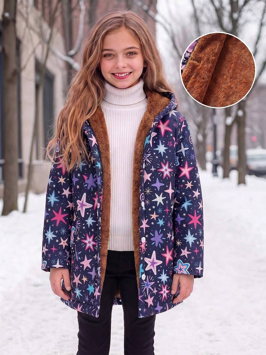 Girls' Casual Fashion Star Print Thermal Lined Hooded Jacket, Autumn/Winter - Black - View 1