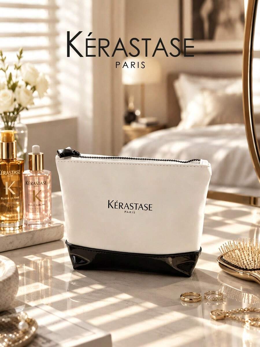 Kérastase Black & White Color Block Waterproof PU Makeup Bag, Large Capacity Zipper Travel Cosmetic Organizer, Portable Beauty Storage Bag, Gift - Black - View 1