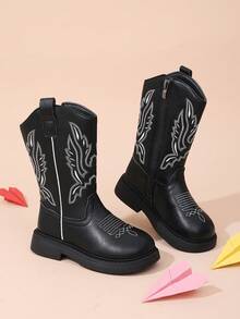 Sepatu Bot Koboi Wanita Minimalis Keren dengan Bordir Sayap, Warna Hitam, Resleting Samping, Cocok untuk Pemakaian Sehari-hari di Musim Gugur/Dingin - Hitam - View 3