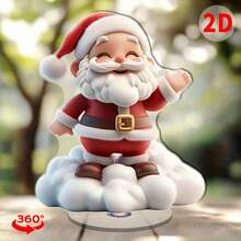 2D Flat 360° Rotating Acrylic Santa Claus Desktop Decoration With Stand, Red Set And White Cloud Design Holiday Centerpiece - A - View 1