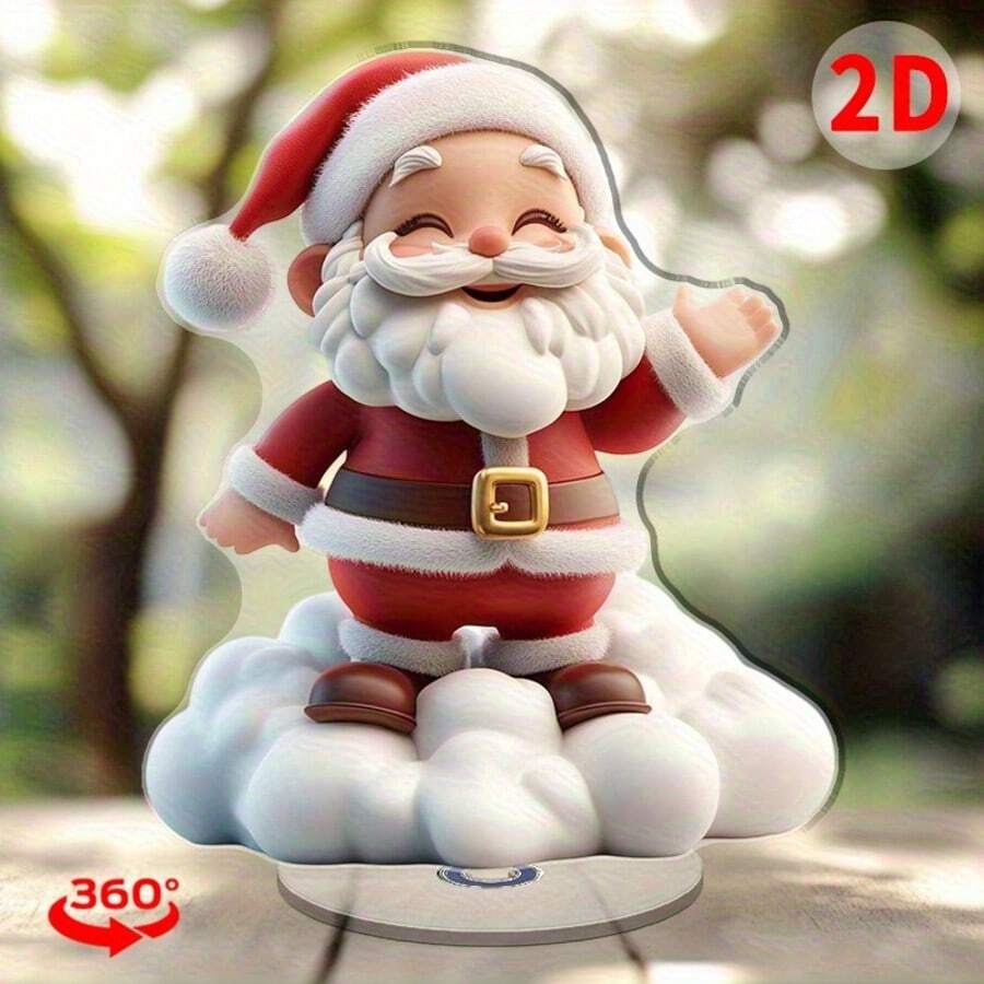 2D Flat 360° Rotating Acrylic Santa Claus Desktop Decoration With Stand, Red Set And White Cloud Design Holiday Centerpiece - A - View 1