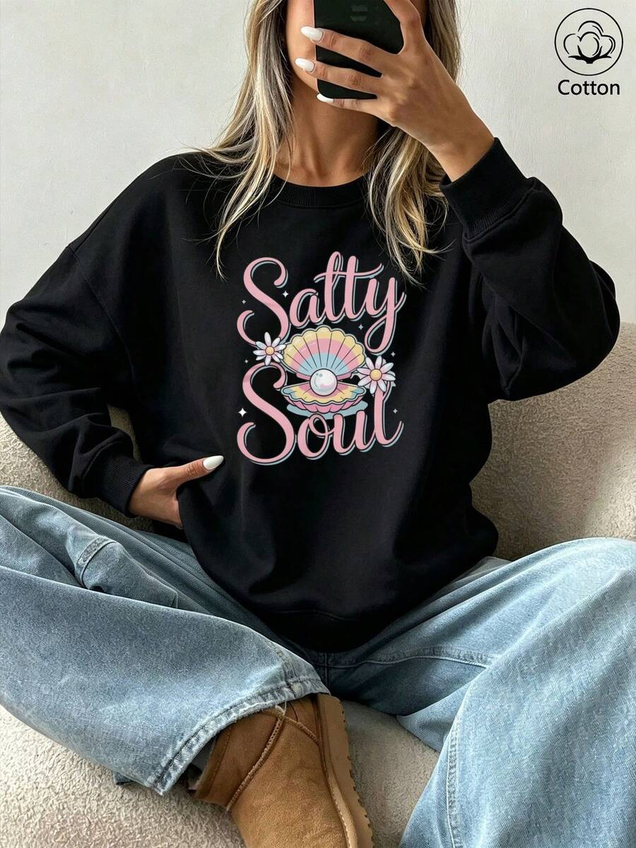 Women's Loose Fit Crewneck Sweatshirt With Salty Soul Text Print, Shell & Flower Patterns, Long Sleeve Pullover - Black - View 1