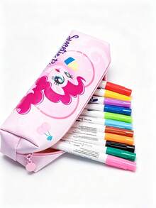 My Little Pony Cartoon Print Zipper Toiletry Bag, Portable Travel Makeup Storage Bag, PU Cosmetic Organizer, Pink & Purple Floral Pattern, Multi-Functional Skincare & Stationery Storage Box, Suitable For Daily Use And Vacation - Multicolor - View 3