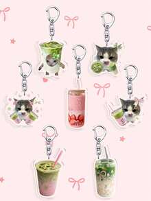 1 buah/7 buah Gantungan Kunci Akrilik Teh Susu Matcha Stroberi Lucu, Liontin Kantong Teh Hijau dengan Pita Ekspresi Kucing Lucu, Hadiah Ideal untuk Kembali ke Sekolah bagi Pecinta Matcha - MultiWarna - View 19