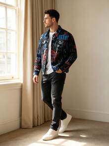 Men's Black Graffiti Print Denim Jacket, Full-Frame Street Art Pattern, Button Front, Flap Pockets, Non-Stretch Hip-Hop Urban Street Style Outerwear - Black - View 3