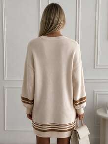 SEREN Women's V-Neck Knit Dress, Loose Casual Long Sleeve Pullover, Suitable For Autumn/Winter - Apricot - View 5