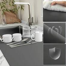 1pc Solid Black/Grey Extra Large Dish Drying Mat, Bar Countertop Waterproof Mat, Drying Mat, Drainage Mat, Coffee Machine Mat, Washing Machine Top Protector, Stove Top Mat, Dining Table Placemat, Mouse Pad, Coffee Cup | Tableware Drying, Absorbent Quick-Drying, Waterproof And Oil-Resistant, Washable And Reusable, Suitable For Kitchen | Cafe, Tea Cup, Coffee Cup, Coffee Machine Accessories, Home Decor For Coffee Lovers, Rental Home Renovation, Perfect As Housewarming Gift, Christmas Gift - Multicolor - View 3