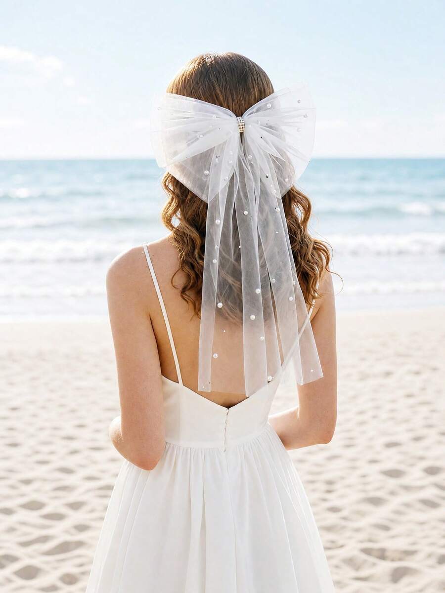 1pc Pearl Mesh Bow Veil, Bridal Headpiece For Wedding Registration And Photo Shoot, Hair Clip Accessory - Beige - View 1