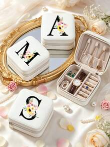 1pc White Letter Jewelry Box, Valentine's Day Gift, A-Z Name Printed Organizer Box For Women, Large Capacity Multi-Layer Portable Travel Case, Luxury PU Leather Flip-Top Storage Box, Gift For Mom And Girlfriend - Pink - View 1