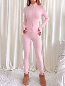 Stand Collar Zip-Up Sports Jacket With Thumb Holes, Paired With High-Waist Shaping Leggings, Effectively Tummy Control And Butt Lift, Lengthening Leg Lines | Slim Fit, Suitable For Outdoor Commuting, Exquisite Commuting Set, Women's Autumn/Winter Two Pieces Set - Pink - View 5