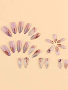 24pcs Autumn/Winter Minimalist Almond Press-On Fake Nails With Nude Amber Marble Tie Dye Design, Includes 1pc Jelly Glue + 1pc Nail File - Multicolor - View 2