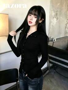 Korean Style Design Lapel Single-Breasted Ribbed Long Sleeve T-Shirt, Slim Fit, Solid Color, Inner Layer, Versatile For All Seasons - Black - View 6