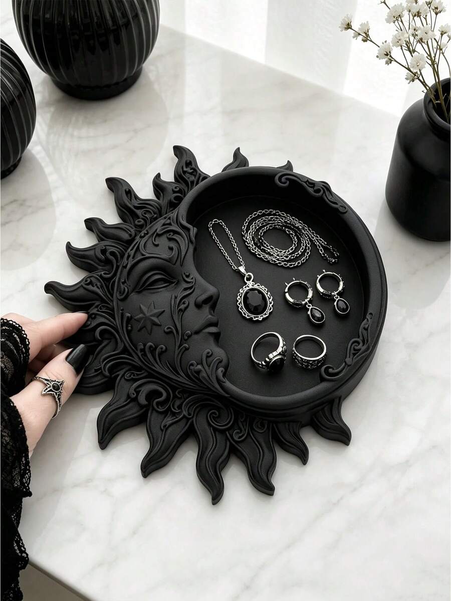 1pc Dark Sun God Relief Jewelry Tray, Vintage Mysterious Style Ring Necklace Earring Storage Dish, 3D Carved Craftsmanship, Desktop Decor, Niche Vanity Accessory Organizer Tray, Jewelry Box