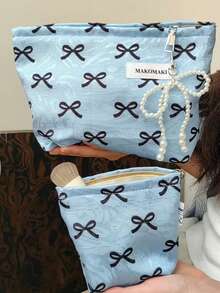 1pc Blue Bow Makeup Bag, Foldable Large Capacity Cosmetic Storage Bag With Smooth Zipper, Portable Personalized Toiletry Bag, Cool Aesthetic Design Storage Bag, Perfect For Autumn/Winter Style, Gift For Girlfriend, Bride, Bridesmaid - Blue Bow - 1pcs (No Pendant) - View 7