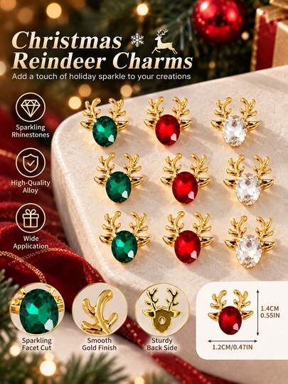 10 Pcs Reindeer Nail Charms Decorations 3D Charms For Nails Gold Alloy Elk Nail Art Charms White Rhinestones Christmas Gems Jewels DIY Nail Art Decoration