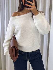 Just Masa Women's Fall Winter One Shoulder Fuzzy Sweater,Solid Color Long Sleeve Asymmetrical Neck Rib-Knit Pullover,For Daily Wear,Going Out,Date - White - View 7