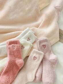 1/5/10 Pairs Thick Warm Winter Women's Pink Heart Pattern Socks - Multicolor - View 9