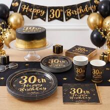 10/20/40/50/60/80件組 30歲生日派對一次性餐具套裝，黑金煙火禮物氣球印花 7英吋與9英吋紙盤、杯子、餐巾紙，30歲里程碑慶祝派對桌面裝飾，成人生日宴會 - 黑色30歲 - 查看 5
