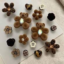 16 st vintage flockade skocharms med björn, leopardmönster och blomma, flockade strass, rutig knappdetalj, resin-accessoarer - Multifärgad - Visa 2