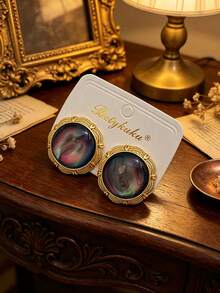 2pcs European And American Fashion Old Money Gold Tiger Eye Laser White Shell Premium Earrings - Aurora - View 10