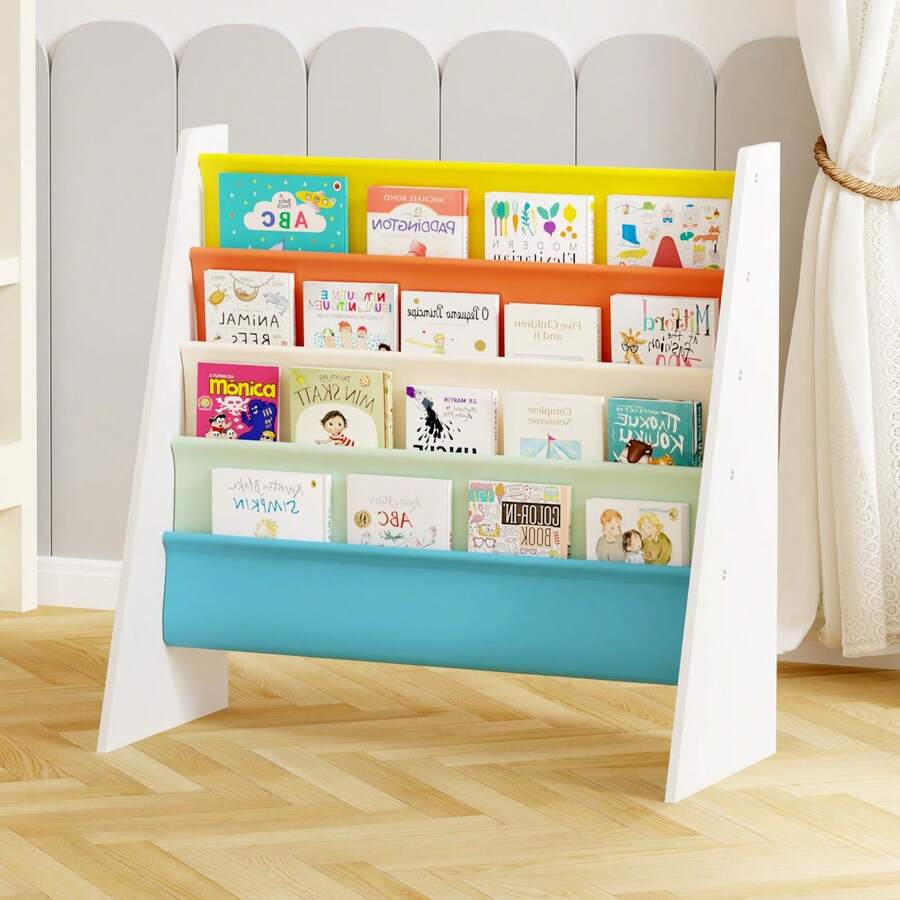 Sling Bookshelf For Kids, Childrens Bookcase For Kids Room, 4-Tier Toddler Book Shelf Organizer, Easy Access Child Book Storage Rack For Nursery - Multicolor - View 1