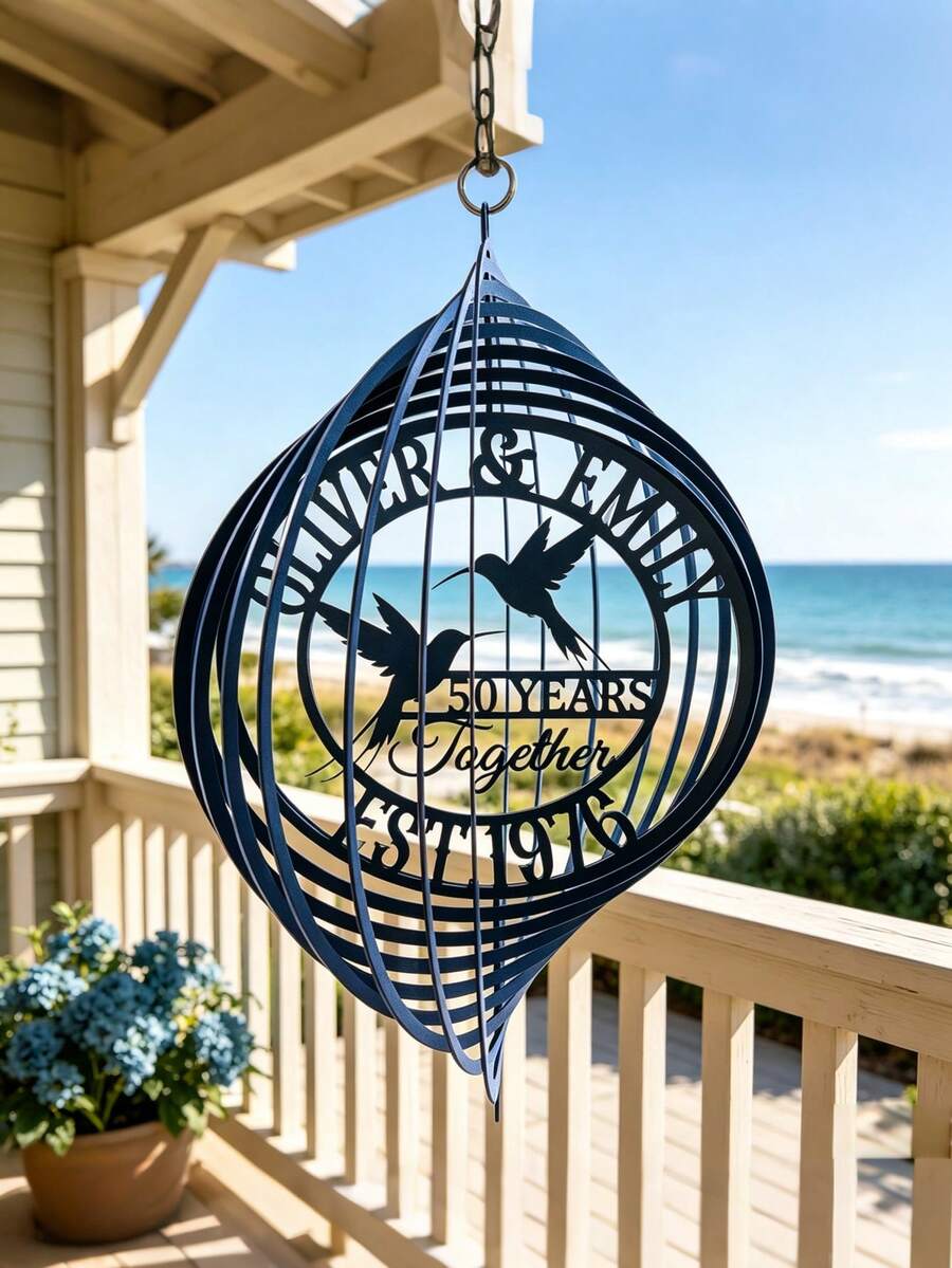 1pc Personalized Metal Wind Chime, Personalized Hummingbird Metal Wind Chime, Customized 50th Anniversary Gift, Outdoor Garden Yard Decor - Black - View 1
