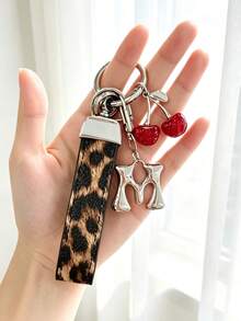 26 Alphabet Letter Keychain Pendant Creative Leopard Print PU Rope Key Strap, Cherry Charm, Car Keychain Pendant, Bag Charm Accessory, Key Decoration Accessory, 26 Letters To Choose From, Meaningful Gift For Family And Friends On Holidays - Brown - View 14