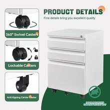Archivador Móvil de Metal Blanco 44x37x62 cm |   Gabinete de 3 Cajones con Cerradura y Ruedas para Debajo del Escritorio |   Compatible con Carta Legal y A4 para Oficina en Casa |   Totalmente Ensamblado - Blanco - Ver 4