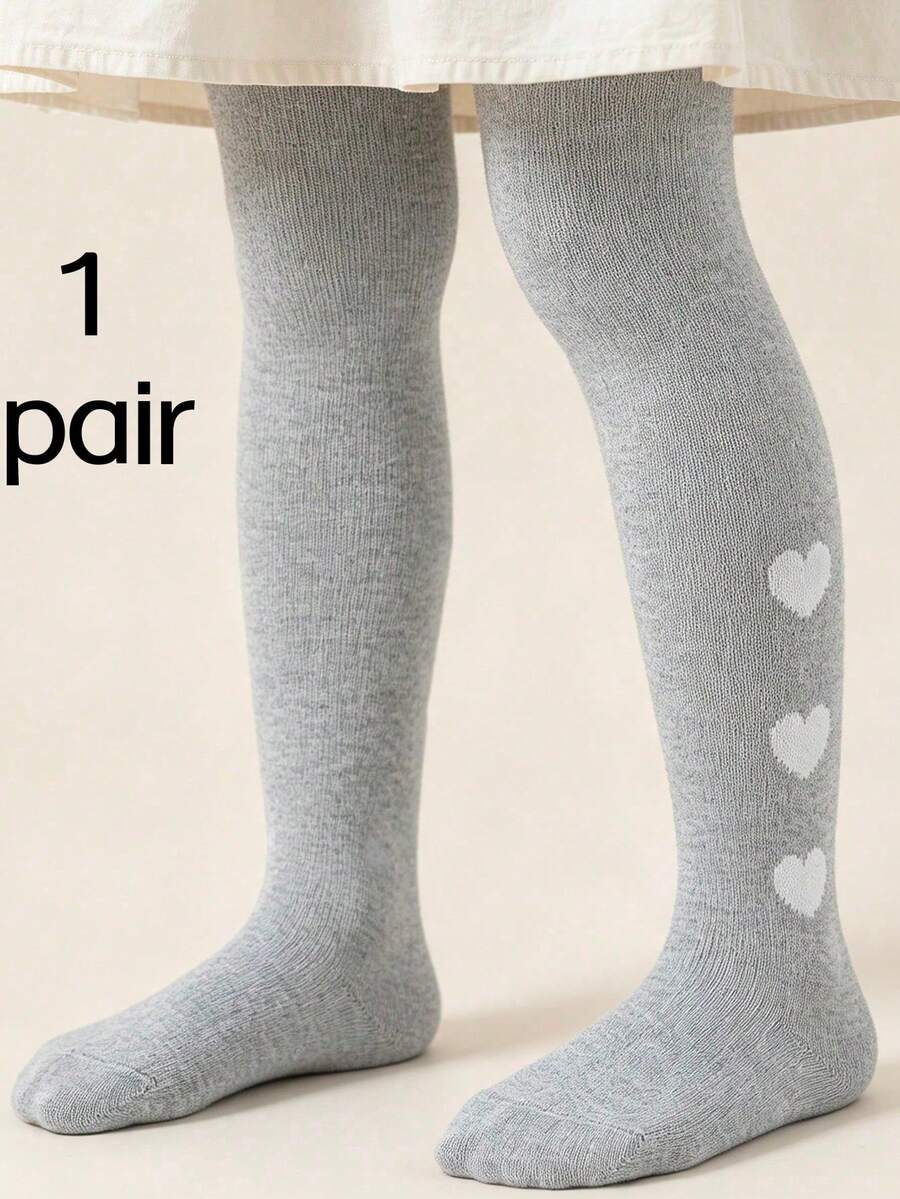 1 Pair Baby Infant Solid Color Heart Pattern Tights, Versatile Comfortable Minimalist All-Match Tights For Baby Girls - Grey - View 1