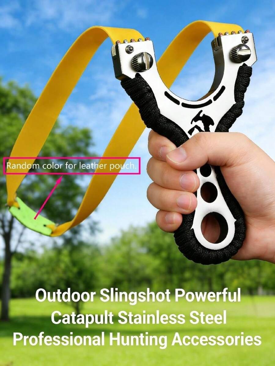 Stainless Steel Slingshot, Suitable For Outdoor Hunting And Target Practice, Heavy-Duty Hunting Slingshot With Rubber Bands, Random Rubber Band Color, Random Leather Pouch Color, Shape, And Size - A - View 1